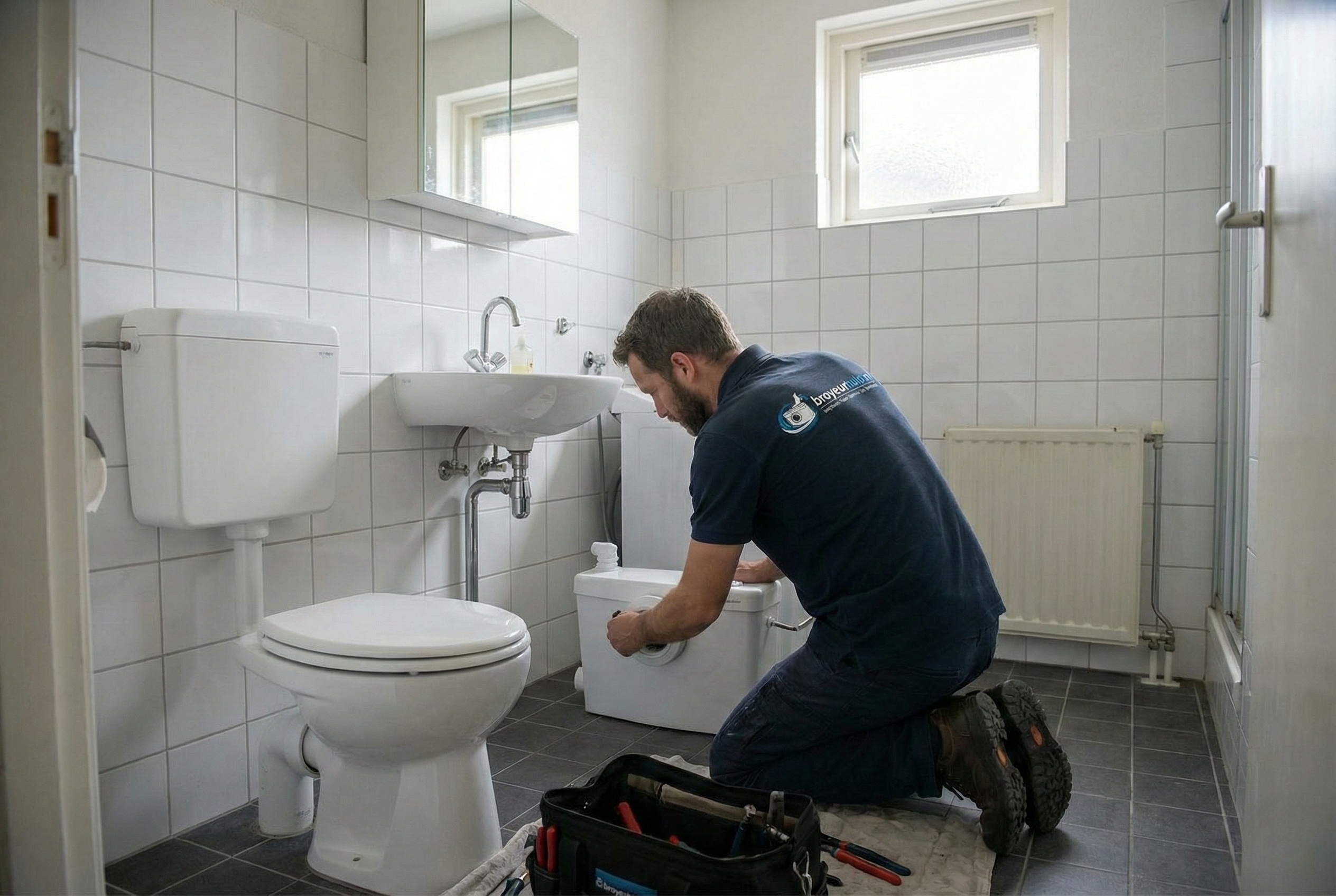Moderne sanibroyeur toilet installatie in badkamer
